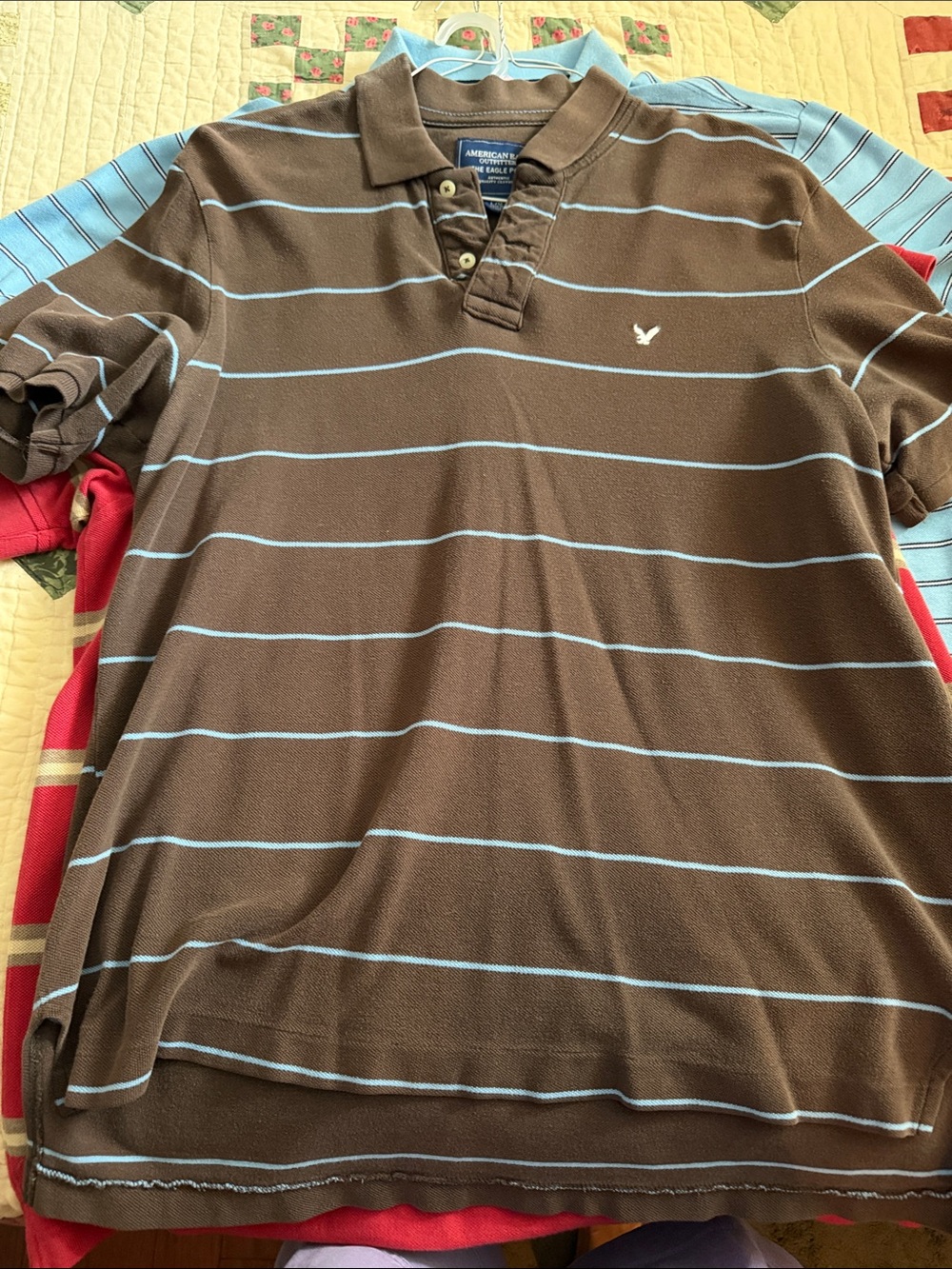 American Eagle Outfitters Brown Polo with Light Blue Stripes